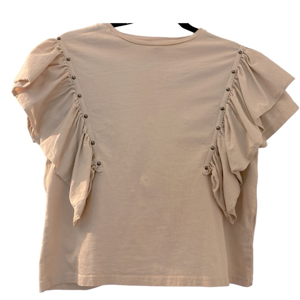 ZARA T-shirt, size 13 14, flutter sleeves with a ruffle overlay and brass studs.